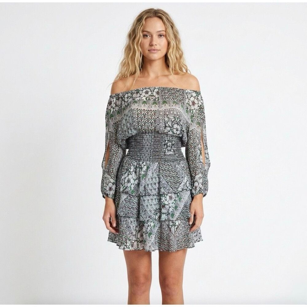 Maje Romea Paisley Off The Shoulder Smocked Tiered Boho Mini Dress Small
